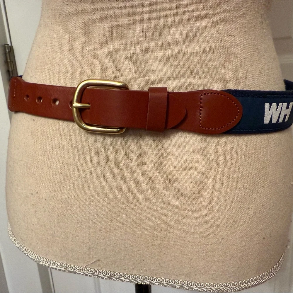 LEATHER MAN MENS BELT NAVY WHITE WH WATCH HILL RI NAUTICAL USA SIZE 30